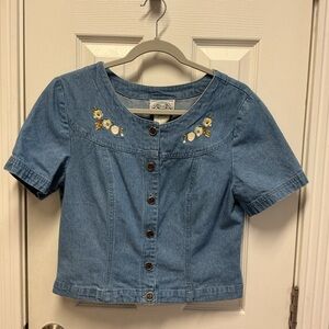Vintage SZ M Denim Embroidered Top USA River Ridge Floral Button Grandmacore